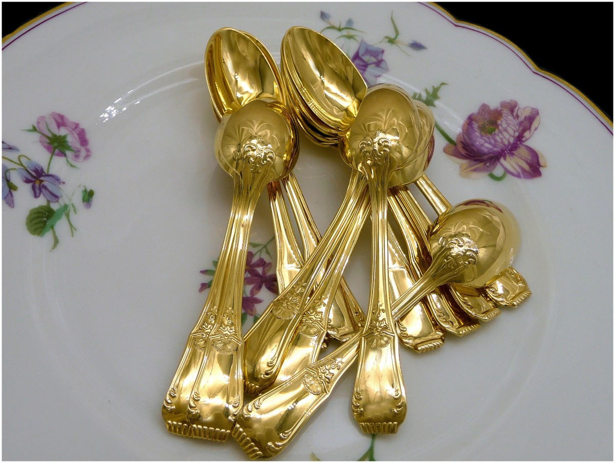 Adolphe BOULENGER - Service de 12 Cuillères à Moka Argent Massif et Vermeil -photo-3