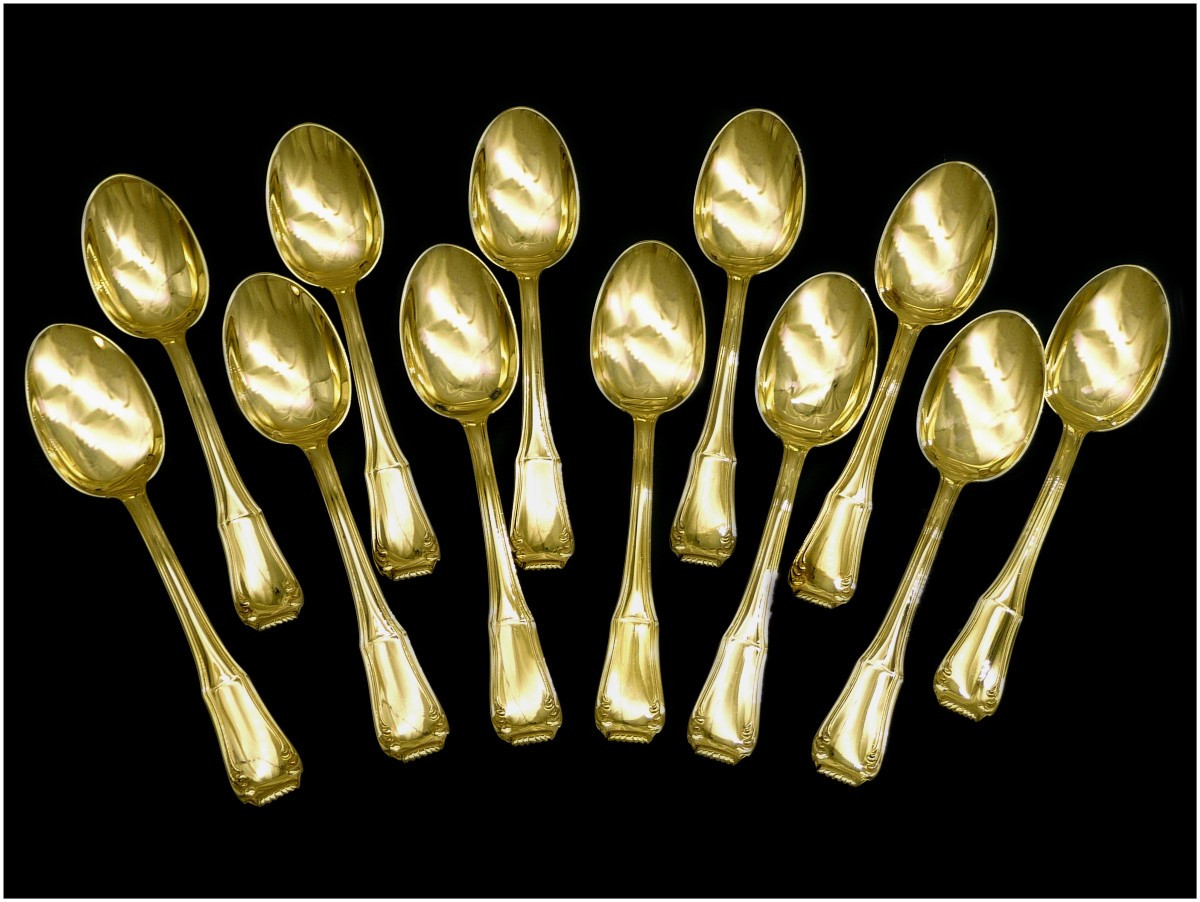 Adolphe BOULENGER - Service de 12 Cuillères à Moka Argent Massif et Vermeil 