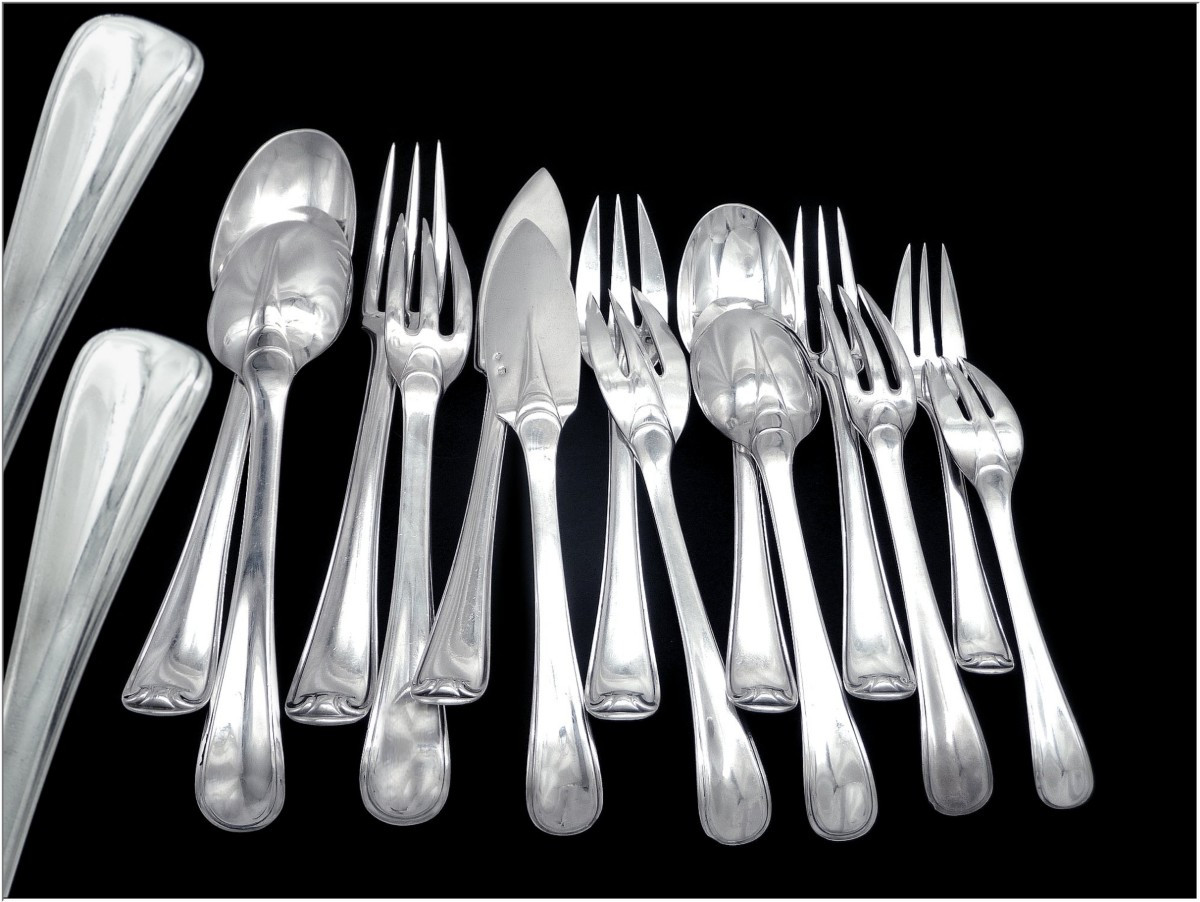 Puiforcat -Mazarin  - Ménagère Argent Massif 183 Pc.  12 Convives -  dans son Argentier-photo-1