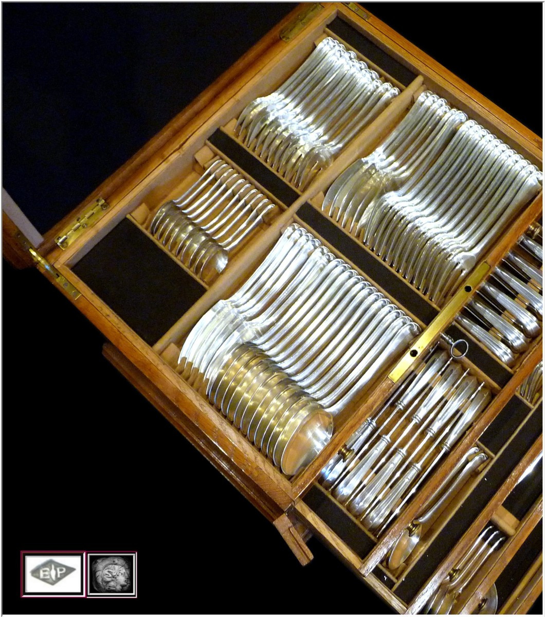 Puiforcat -Mazarin  - Ménagère Argent Massif 183 Pc.  12 Convives -  dans son Argentier-photo-4