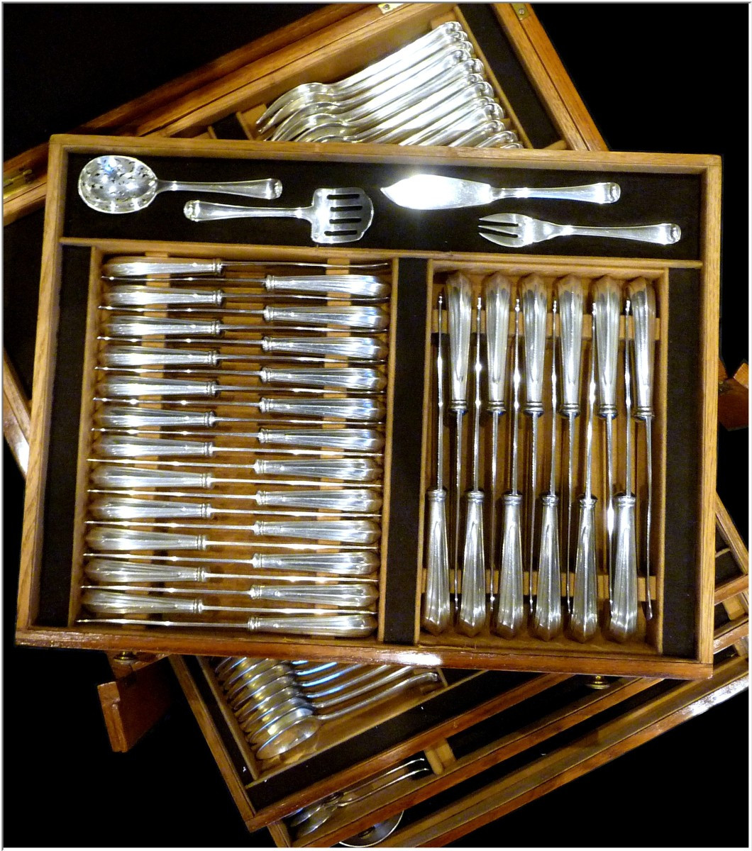 Puiforcat -Mazarin  - Ménagère Argent Massif 183 Pc.  12 Convives -  dans son Argentier-photo-5