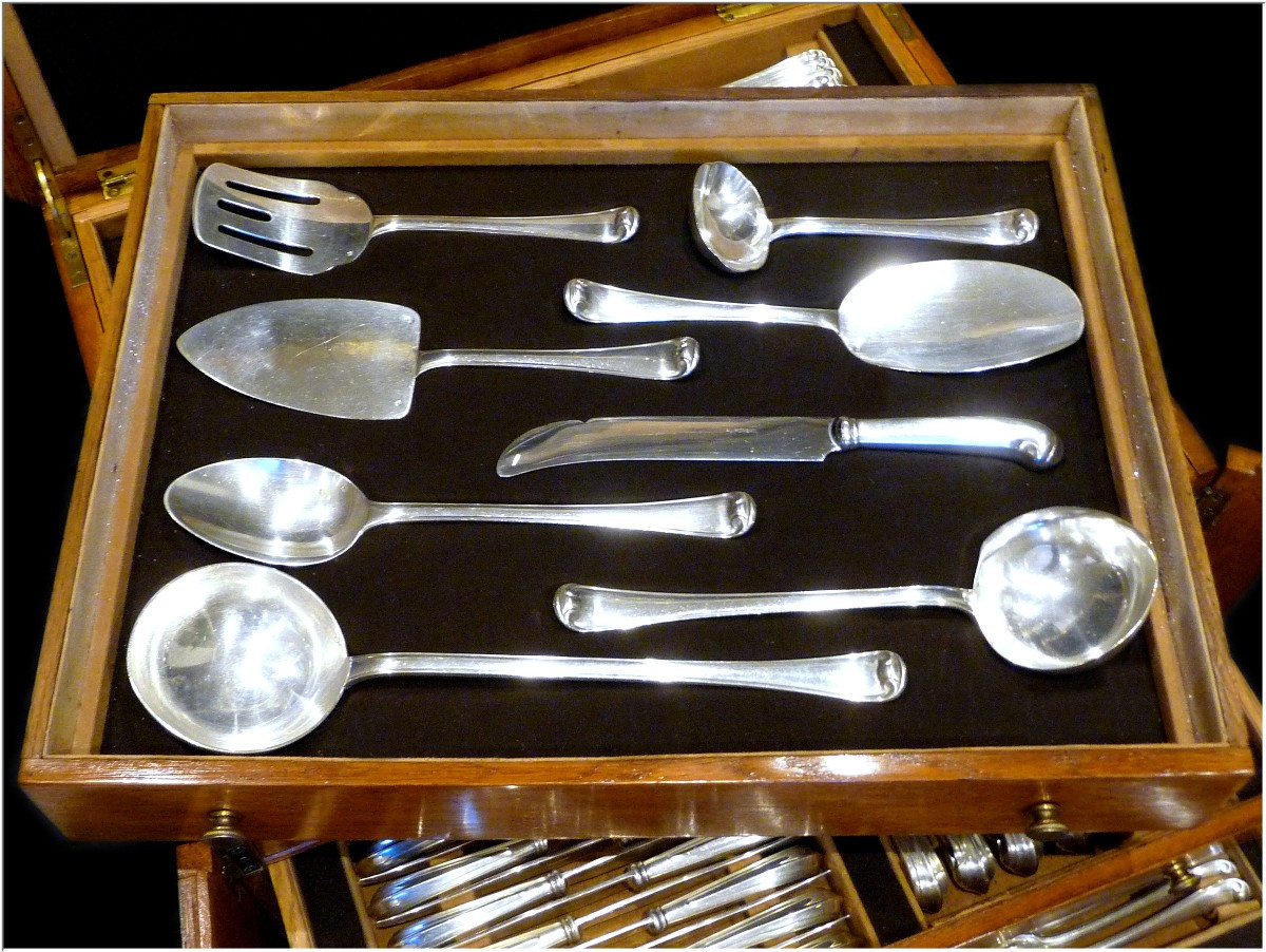 Puiforcat -Mazarin  - Ménagère Argent Massif 183 Pc.  12 Convives -  dans son Argentier-photo-6