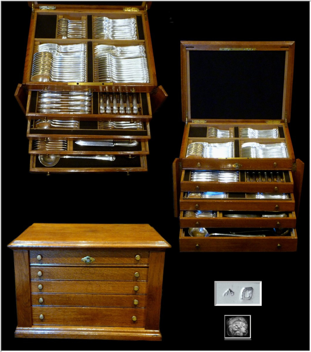 Puiforcat -Mazarin  - Ménagère Argent Massif 183 Pc.  12 Convives -  dans son Argentier-photo-8