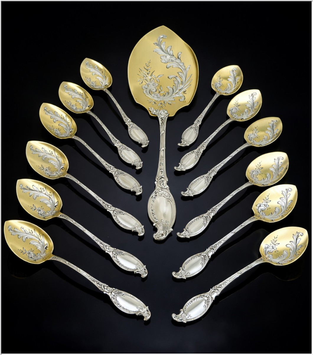 HENIN & VIVIER  - Service à Glace en Argent Massif et Vermeil  pour 12 Convives. Minerve 950