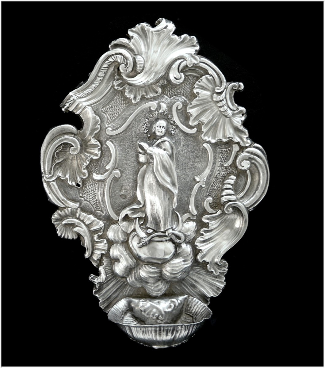 Italie XVIII° Royaume de Sardaigne Bénitier Argent Massif"L' Immaculée Conception" - Gênes 1756-photo-3