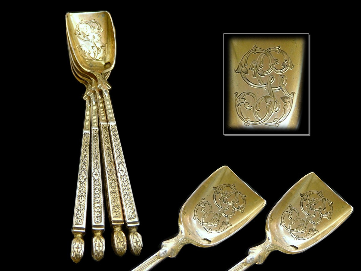 Boyer- Callot - Service de Quatre Pelles à Sel en Argent Massif et Vermeil. Minerve 950-photo-2