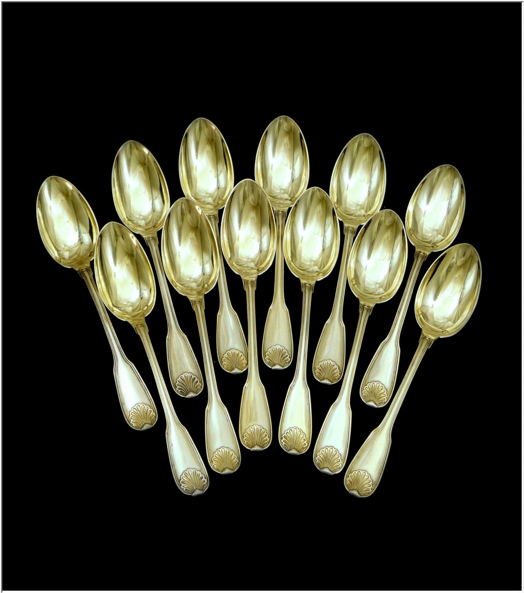 Louis Coignet - Service de Cuillères à Café en Argent Massif et Vermeil. 12 convives