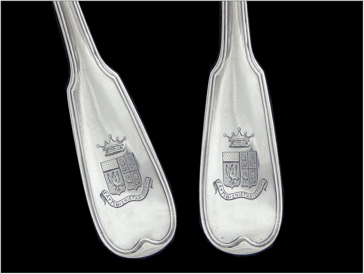 BOURDET - Couvert de Service à Ragoût Argent Massif Armoiries Couronne de Vicomte  1809-1819 