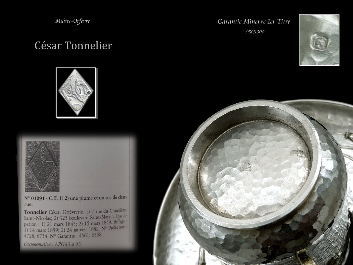 César Tonnelier -  Sterling Silver Hammered & Vermeil Cup  With Dragonfly And Beetle Design-photo-1