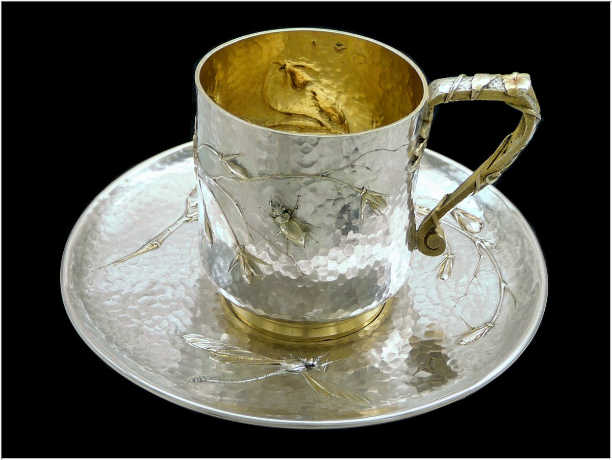 César Tonnelier -  Sterling Silver Hammered & Vermeil Cup  With Dragonfly And Beetle Design-photo-2