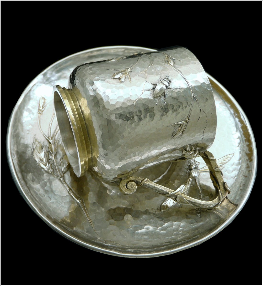 César Tonnelier -  Sterling Silver Hammered & Vermeil Cup  With Dragonfly And Beetle Design
