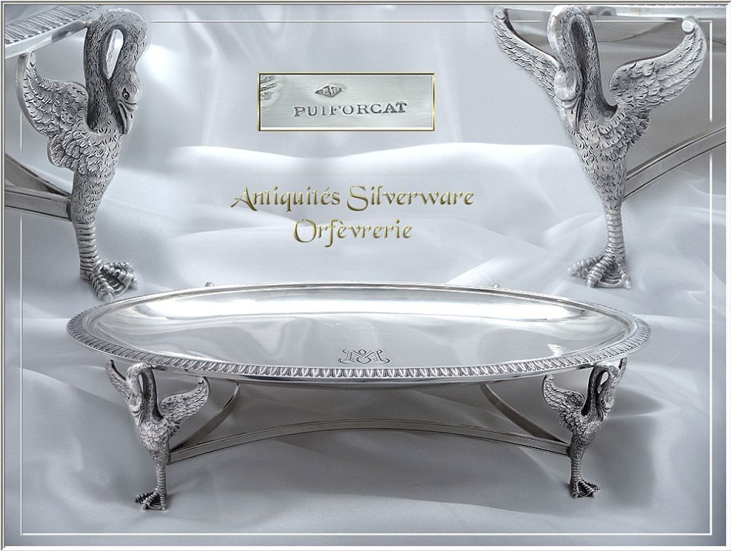 E. Puiforcat - Superb Oblong Serving Dish With Swans Sterling Silver-photo-2