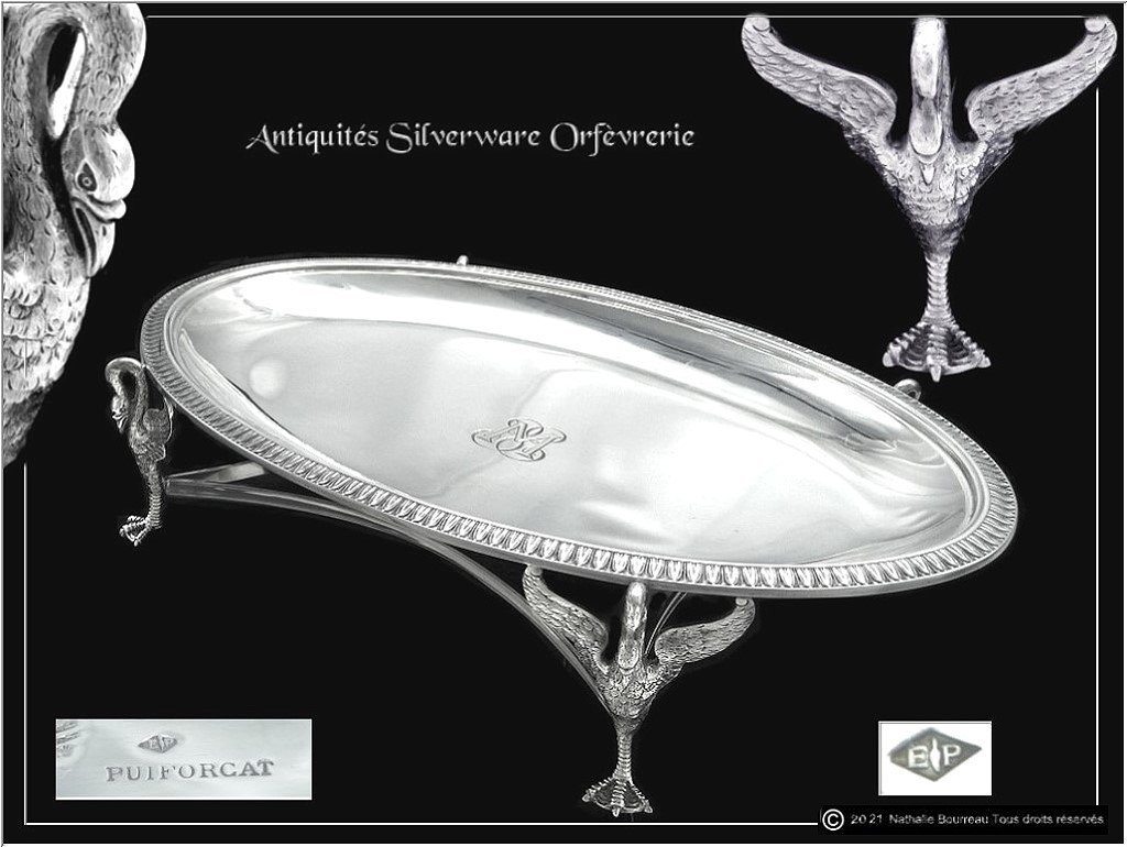 E. Puiforcat - Superb Oblong Serving Dish With Swans Sterling Silver
