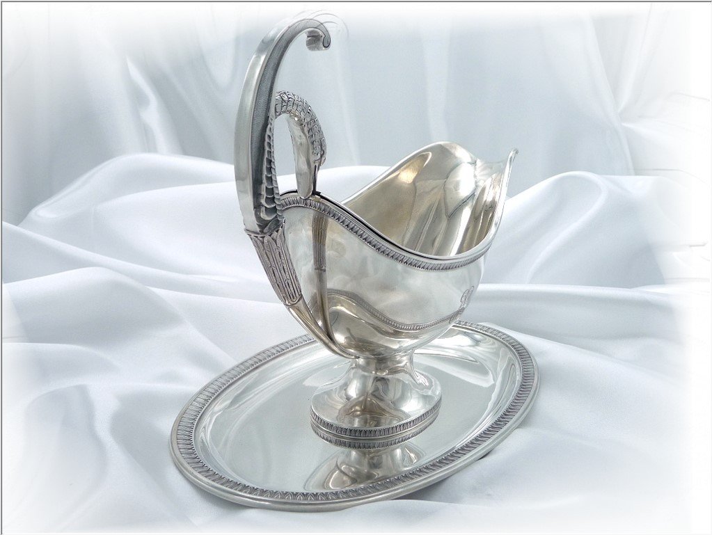  Emile Puiforcat - Antique French Sterling Silver Gravy Boat Swan Neck Handle-photo-2