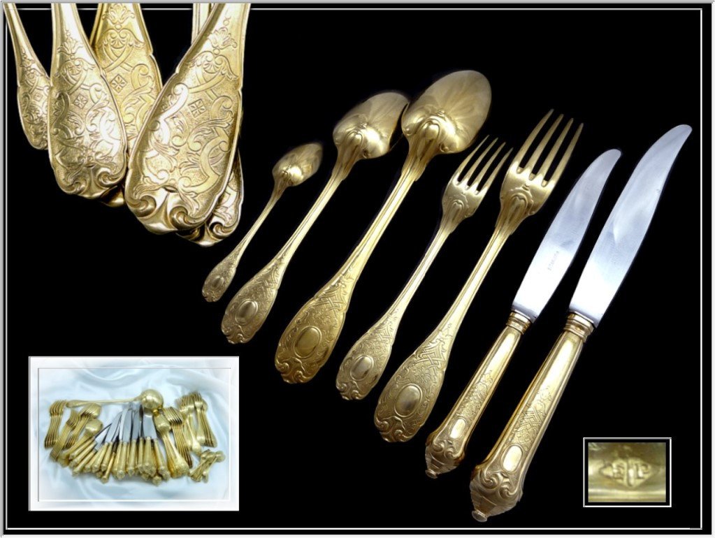 E. Puiforcat - Modèle Elysée - Ménagère  De St. Régence Argent Massif Et Vermeil - 84 Pièces 
