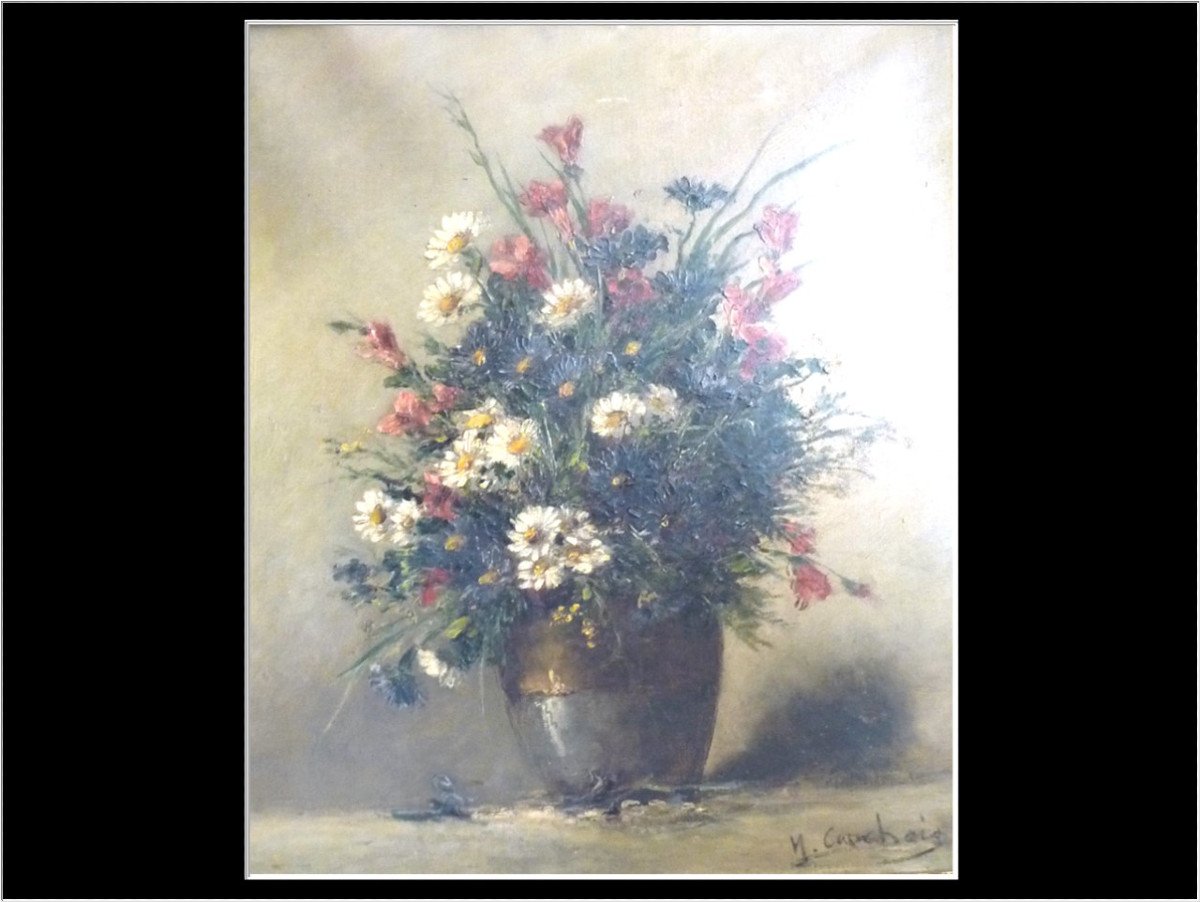 Eugène Henri Cauchois - Bouquet De Fleurs Des Champs - Huile sur Toile-photo-2