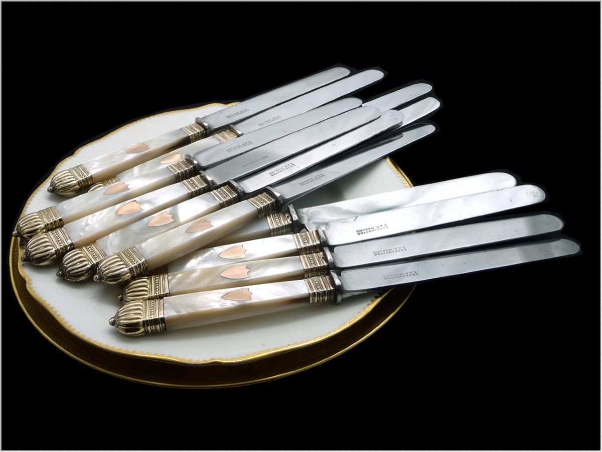 Service 12 Large Table Knives Charles X Period Sterling Silver And Vermeil - Steel Blades-photo-4