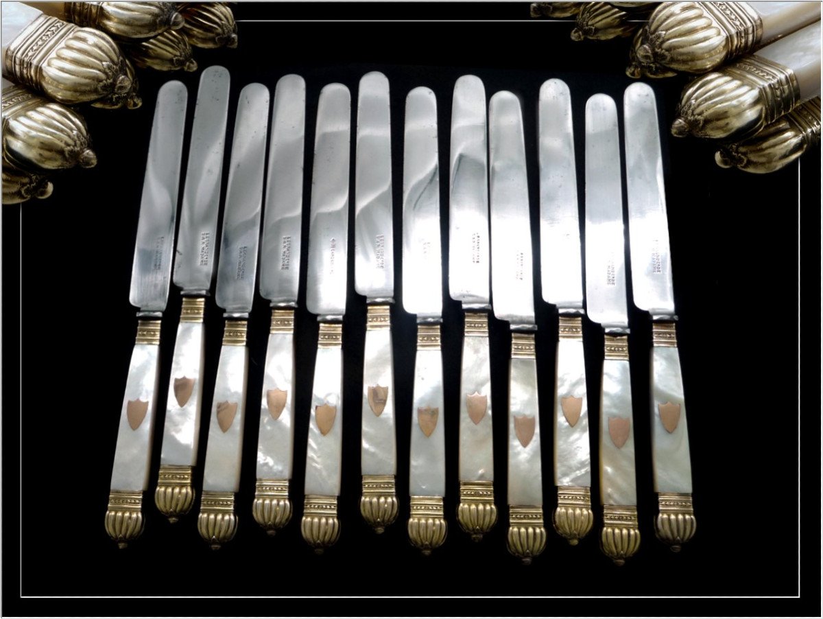 Service 12 Large Table Knives Charles X Period Sterling Silver And Vermeil - Steel Blades