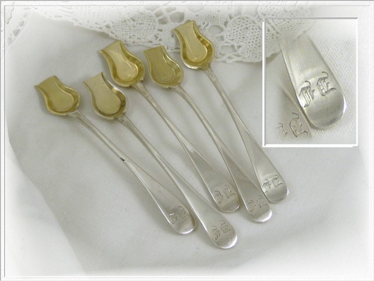 Service Of Five Salt Shovels In Sterling Silver - Old Man's Mark (1819-1838)-photo-2