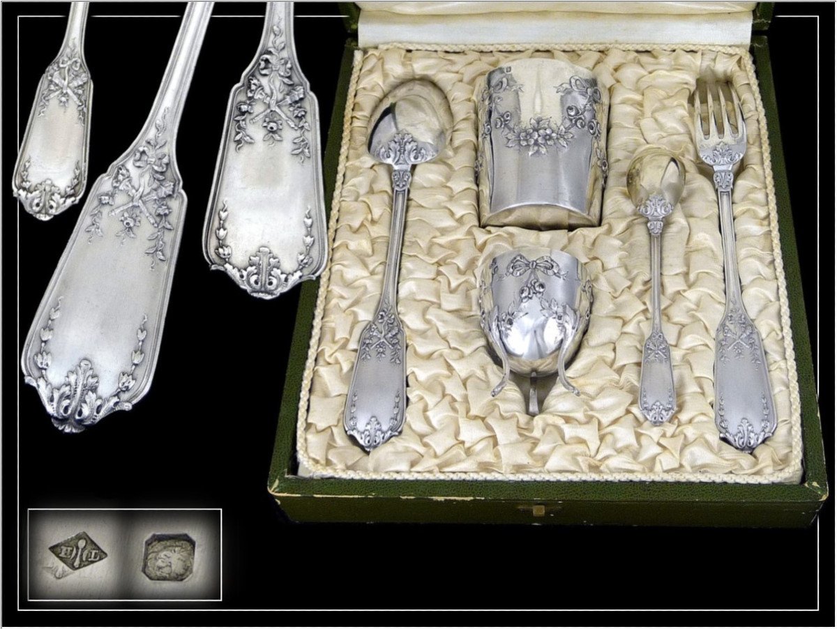 H. Lapeyre -  Ecrin Baptême  Naissance  Couvert Timbale Coquetier Argent Massif Vermeil