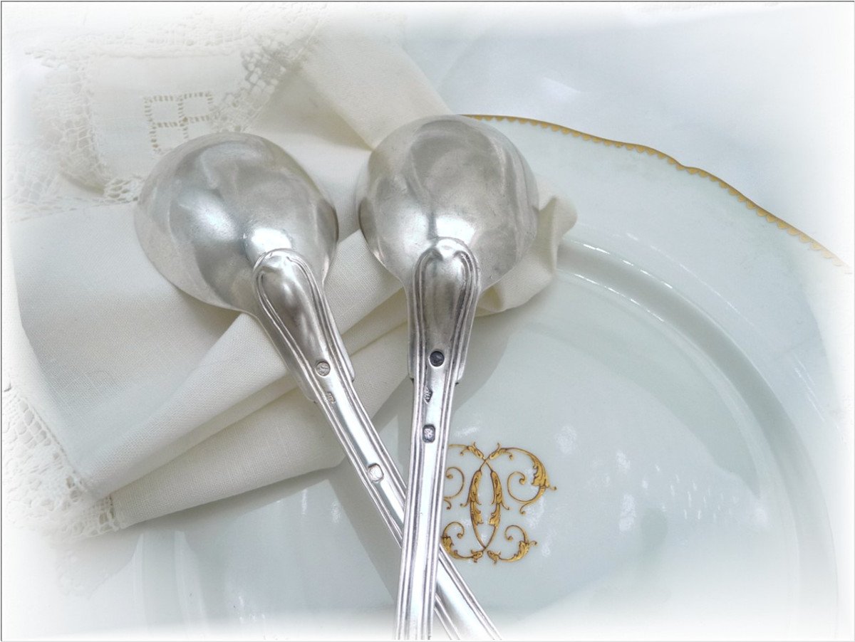 L. Chatenet Vve. Pair Of Serving Spoons - Sauce / Cream Sterling Silver Coat Of Arms.-photo-2