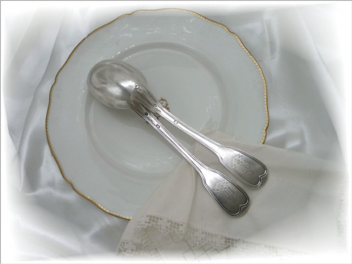 L. Chatenet Vve. Pair Of Serving Spoons - Sauce / Cream Sterling Silver Coat Of Arms.-photo-2