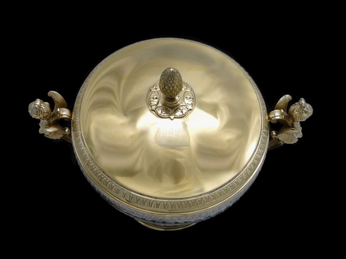 De Style Empire, Grand Drageoir en Argent Massif, Vermeil & Cristal,  - XIX°. Minerve (950)-photo-2