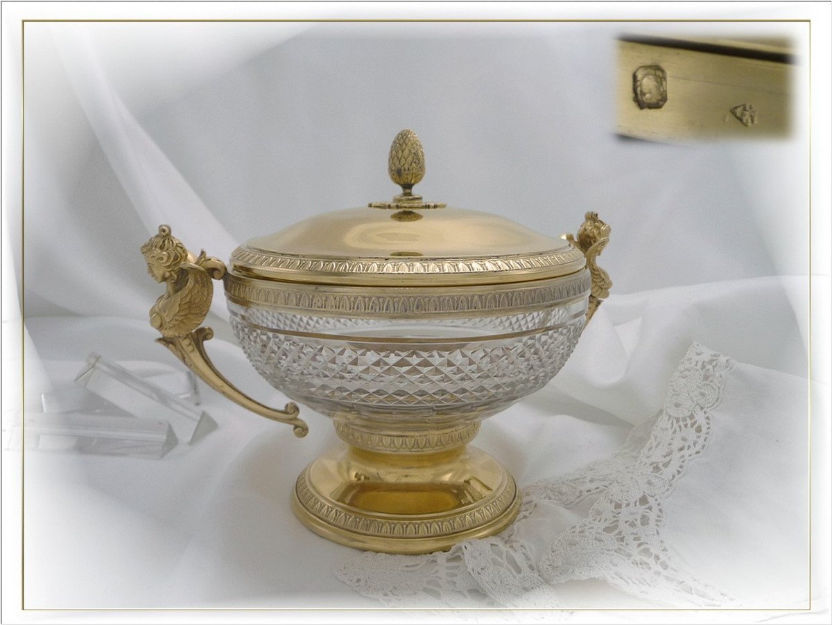 De Style Empire, Grand Drageoir en Argent Massif, Vermeil & Cristal,  - XIX°. Minerve (950)-photo-4