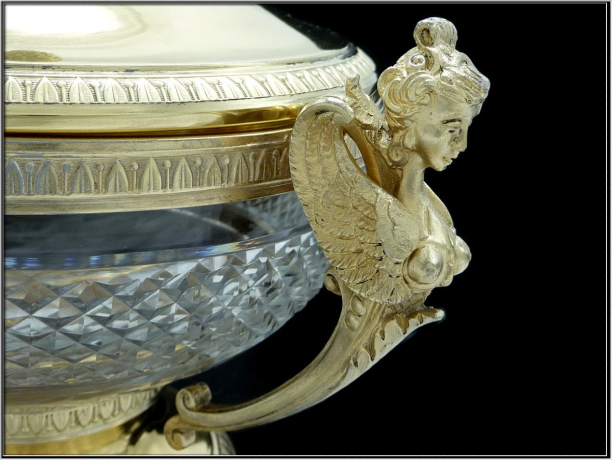 De Style Empire, Grand Drageoir en Argent Massif, Vermeil & Cristal,  - XIX°. Minerve (950)-photo-1