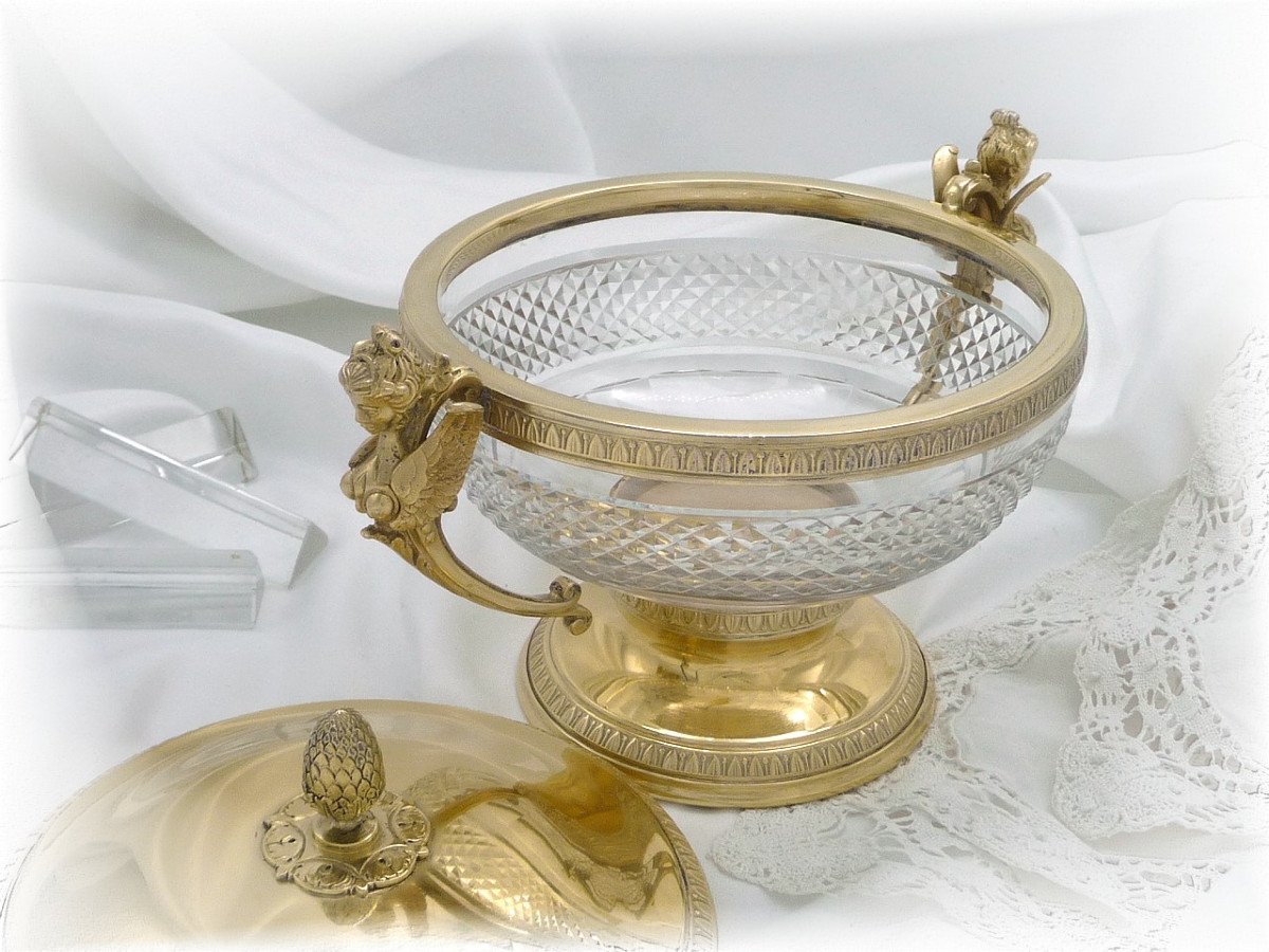 De Style Empire, Grand Drageoir en Argent Massif, Vermeil & Cristal,  - XIX°. Minerve (950)-photo-5