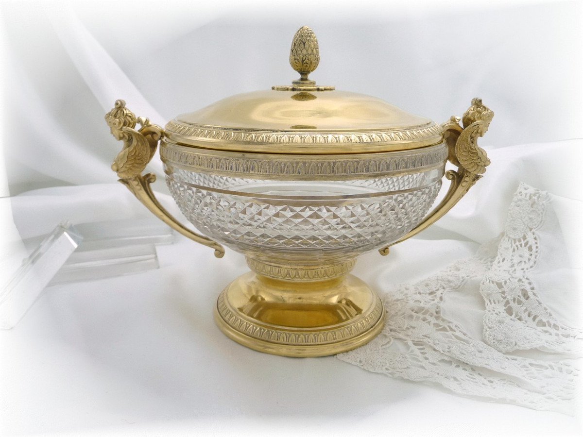 De Style Empire, Grand Drageoir en Argent Massif, Vermeil & Cristal,  - XIX°. Minerve (950)-photo-6