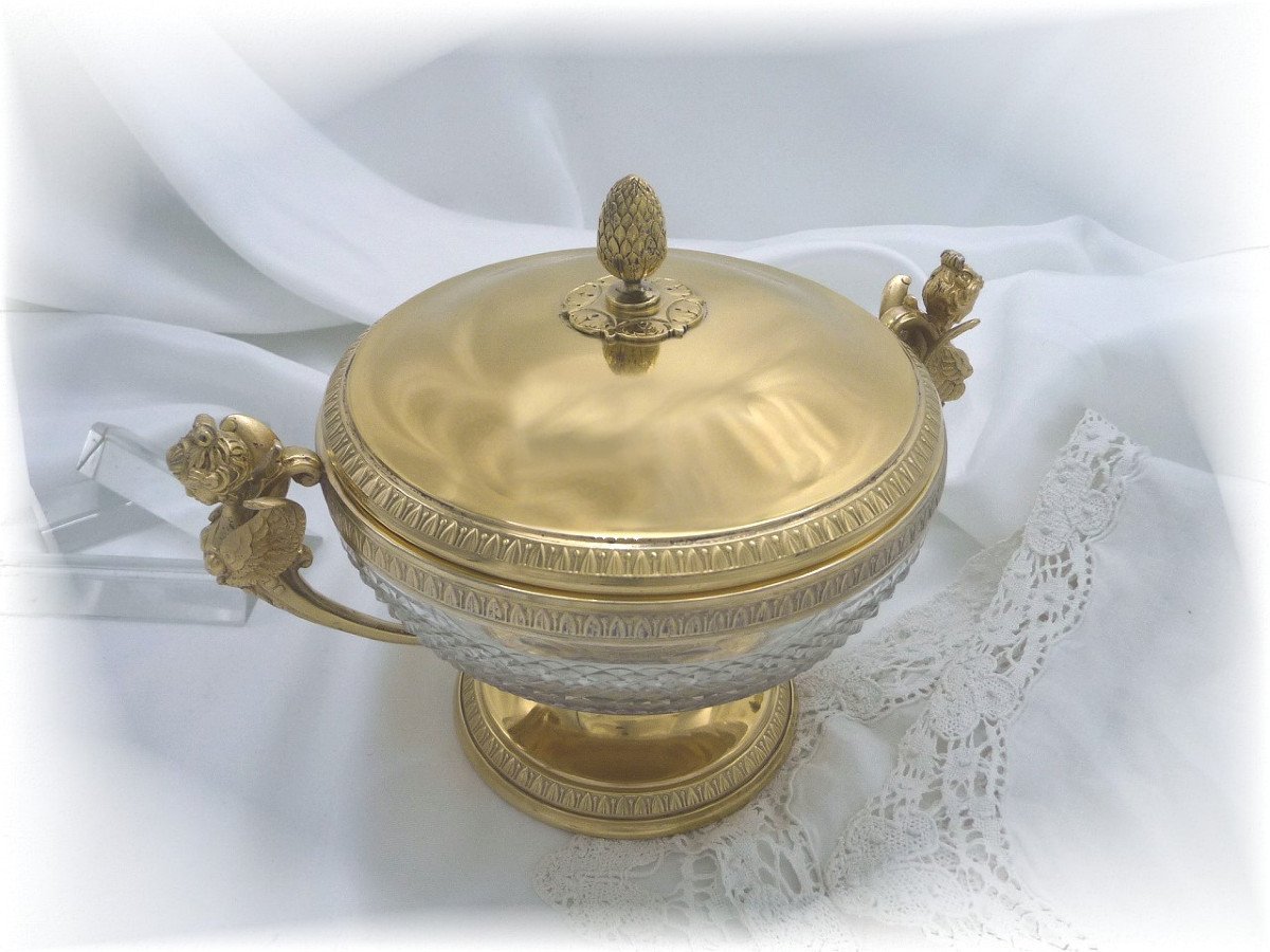 De Style Empire, Grand Drageoir en Argent Massif, Vermeil & Cristal,  - XIX°. Minerve (950)-photo-7