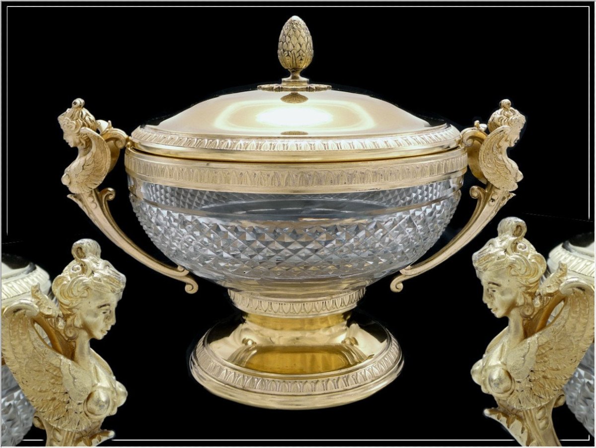 De Style Empire, Grand Drageoir en Argent Massif, Vermeil & Cristal,  - XIX°. Minerve (950)
