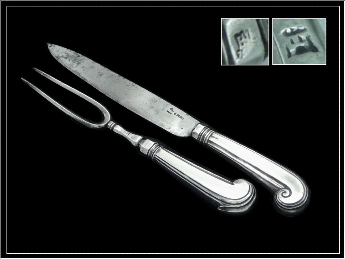 Italie -  Genova XVIII° Rare  Service à Gibier en Argent Massif -  Manches Crosse - Deux Pièces