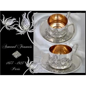 Paire De Tasses  Tête à Tête aux Chardons Art Nouveau Argent  Massif & Vermeil