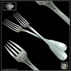 Henin & Cie - Pair Of Large Table Service Forks (stew) Solid Silver Uniplat