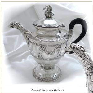 Grande Verseuse Théière en Argent Massif  à Décor d'Aigle et  de Cygne  Minerve 950