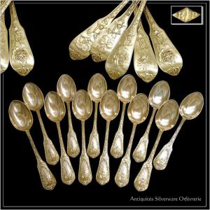 E. Puiforcat - Cuillères à Café Argent Massif & Vermeil  Décor Fleurs & Chérubins - 12 Convives