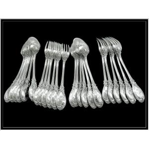 Emile Puiforcat - Sterling Silver Cutlery Set Hors-d'oeuvre / Dessert Floral Decor 12 Guests 950