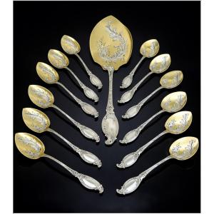 HENIN & VIVIER  - Service à Glace en Argent Massif et Vermeil  pour 12 Convives. Minerve 950