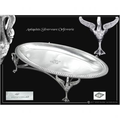 E. Puiforcat - Superb Oblong Serving Dish With Swans Sterling Silver