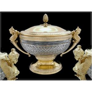 Empire Style, Large Drageoir In Sterling Silver, Vermeil & Crystal, - XIX °. Minerva (950)