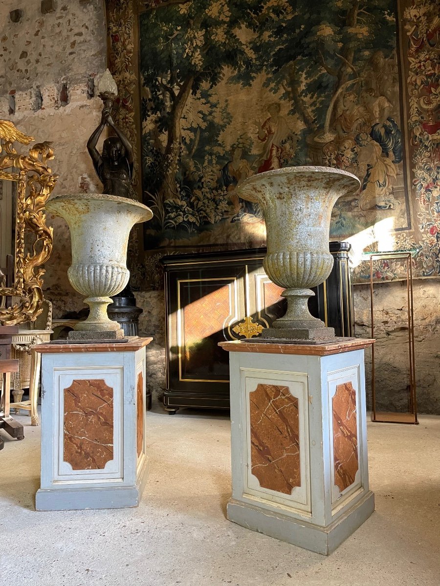 Paire De Vases Médicis En Fonte De Fer Du XIX ème Siècle -photo-2