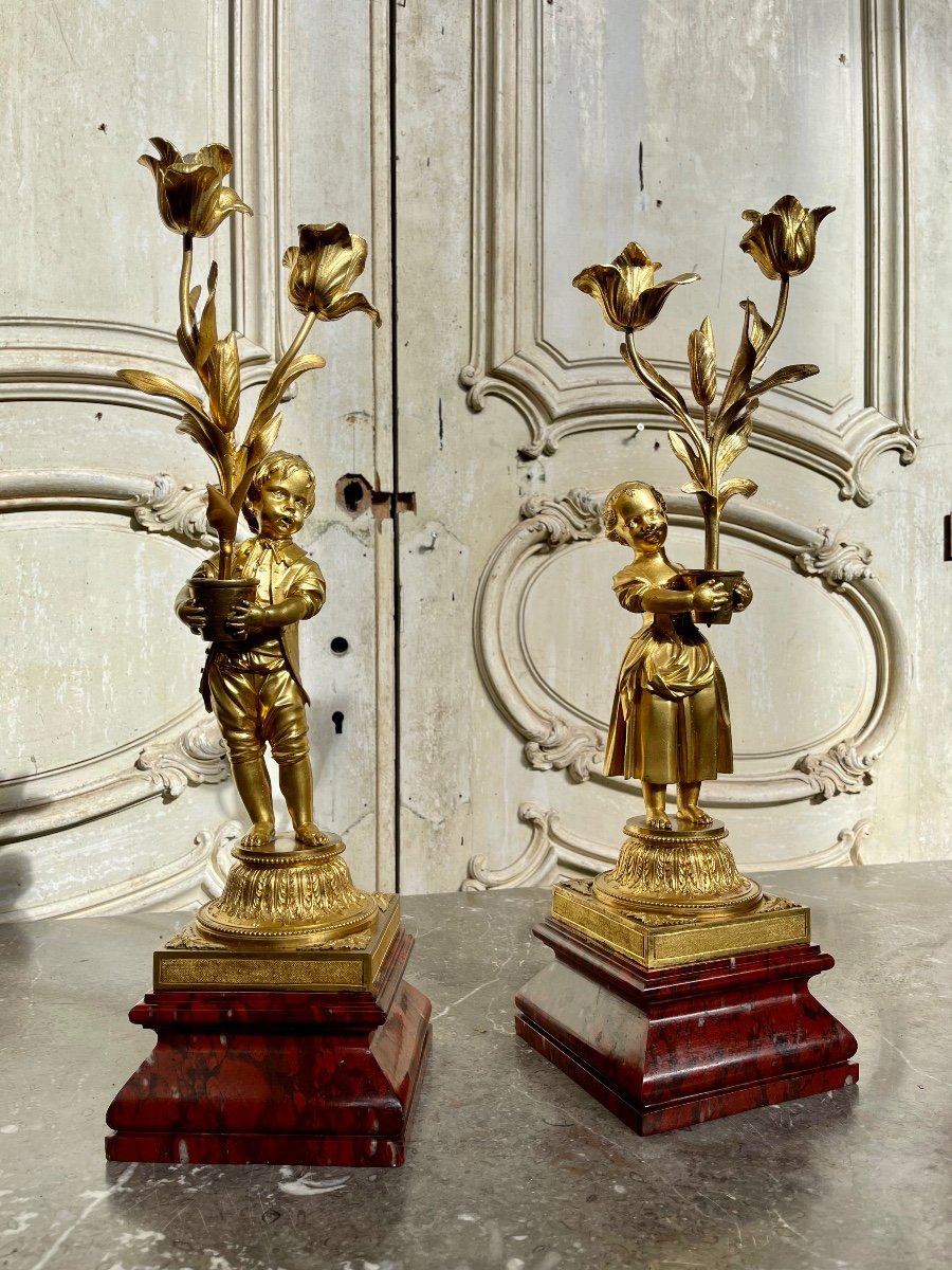 Paire De Candélabres “aux Enfants Jardiniers” En Bronze Doré Et Marbre D’époque Napoleon III-photo-3