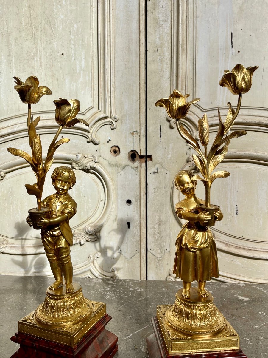 Paire De Candélabres “aux Enfants Jardiniers” En Bronze Doré Et Marbre D’époque Napoleon III-photo-4