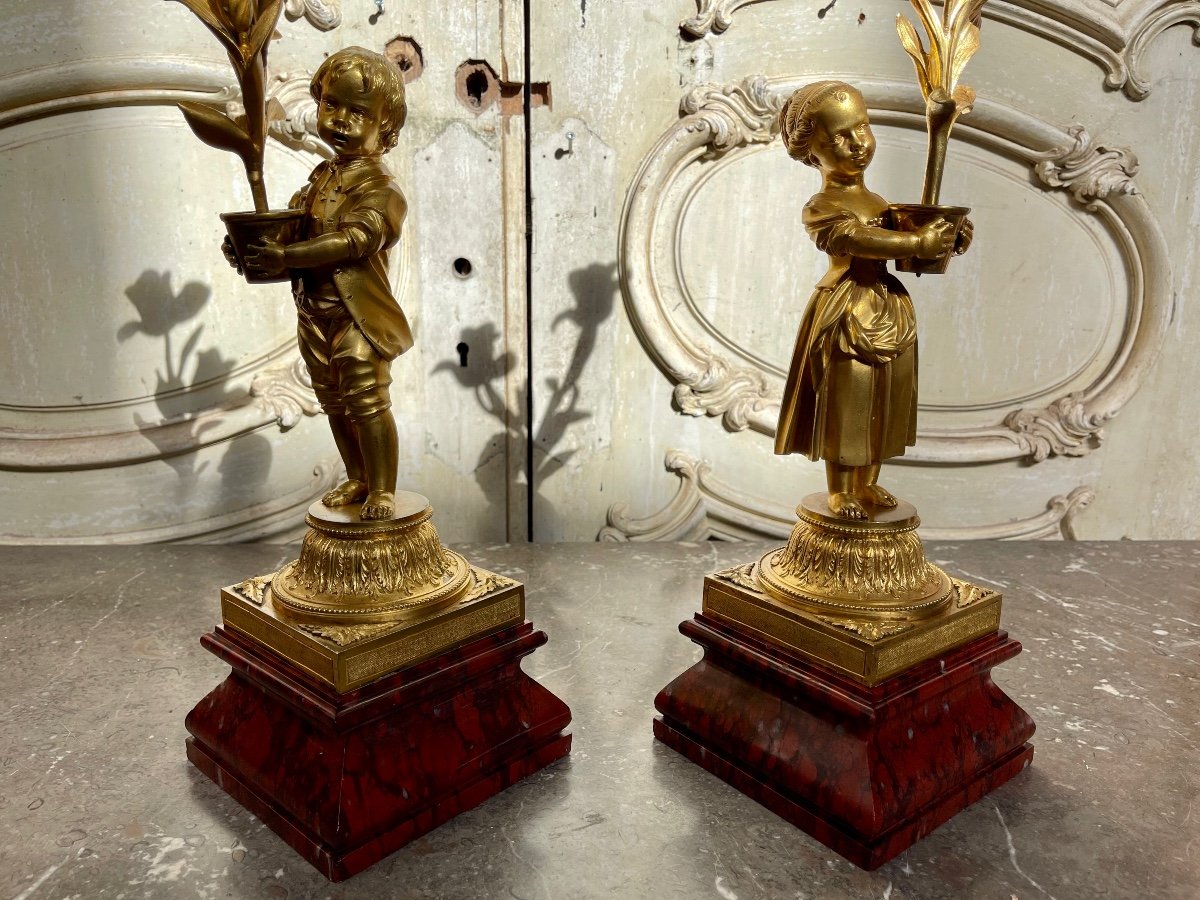 Paire De Candélabres “aux Enfants Jardiniers” En Bronze Doré Et Marbre D’époque Napoleon III-photo-2
