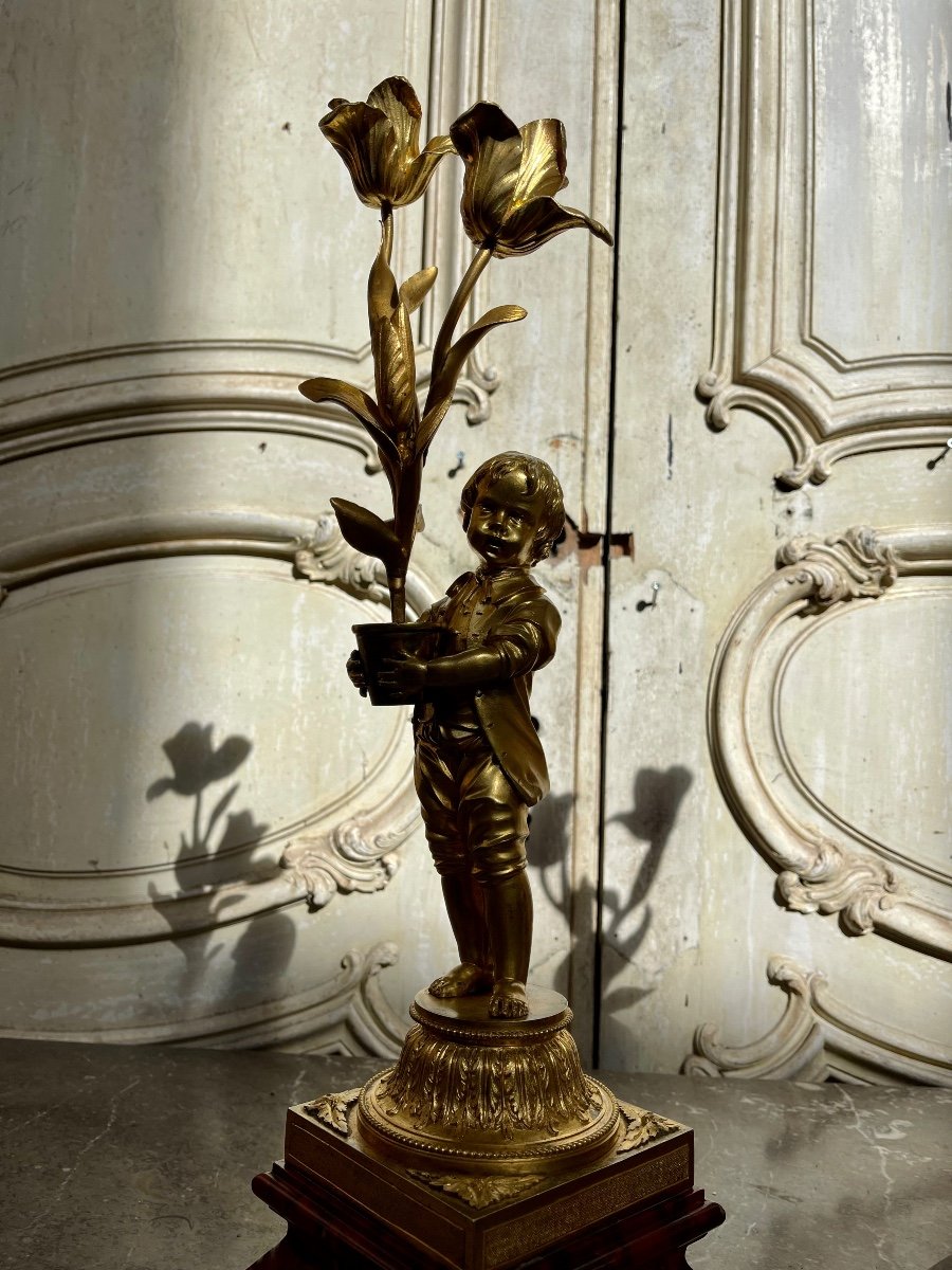 Paire De Candélabres “aux Enfants Jardiniers” En Bronze Doré Et Marbre D’époque Napoleon III-photo-6
