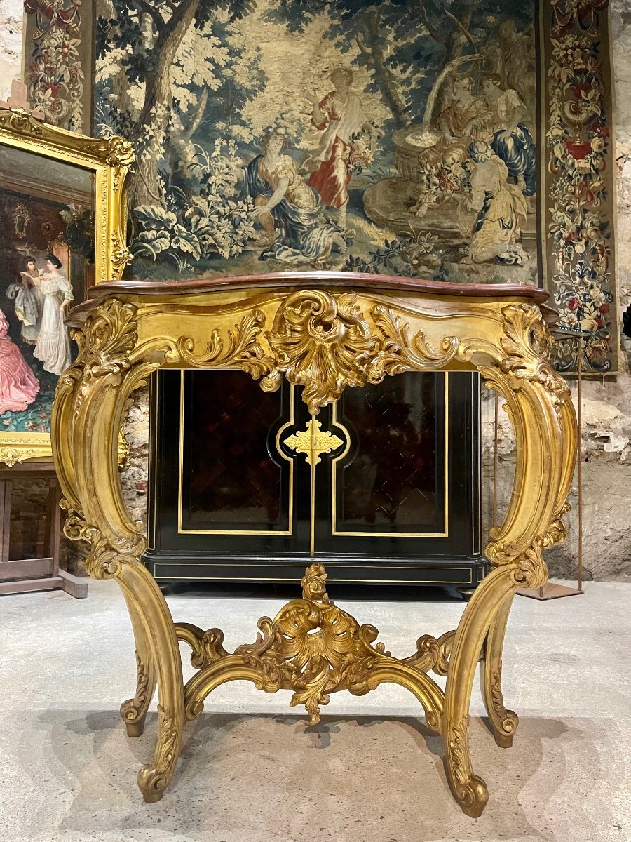 Console 4 Pieds de style Louis XV En Bois Doré D’époque Napoléon III Dessus De Marbre Griotte -photo-4