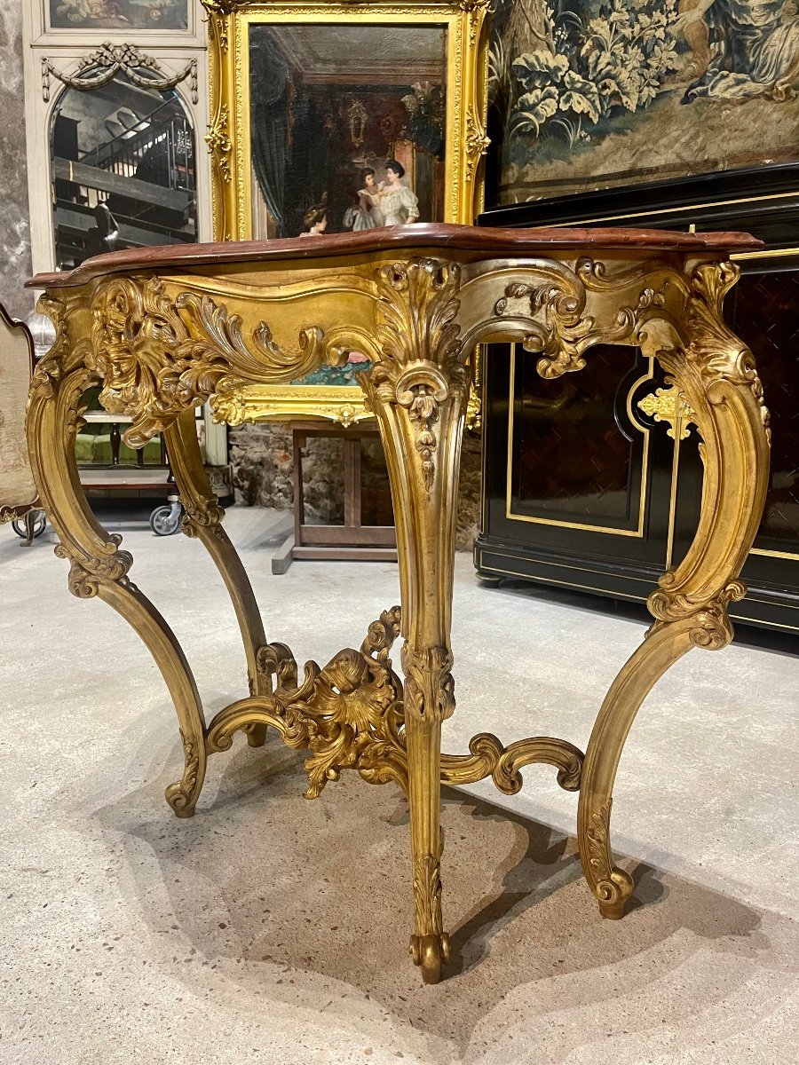 Console 4 Pieds de style Louis XV En Bois Doré D’époque Napoléon III Dessus De Marbre Griotte -photo-2