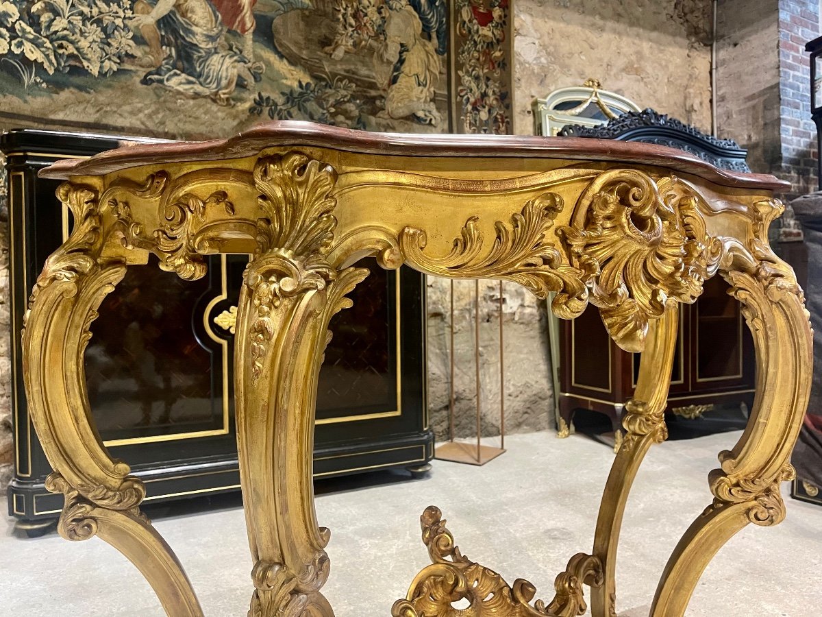 Console 4 Pieds de style Louis XV En Bois Doré D’époque Napoléon III Dessus De Marbre Griotte -photo-3